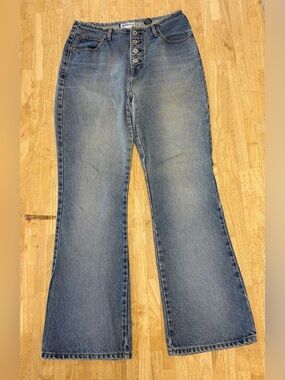 Express Bleus Vintage High Rise Button Fly Flare Leg Med Wash Denim Made in USA